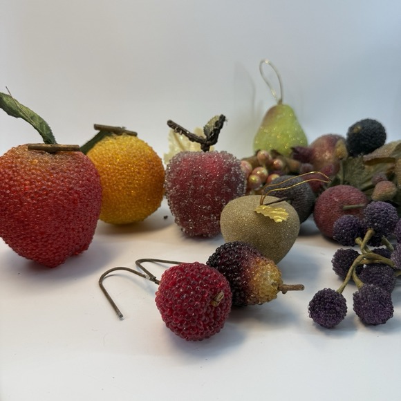 Vintage 16 Pc Faux Fruit Lot Beaded Sugared Centerpiece Decorative Glitter Retro - Picture 3 of 11